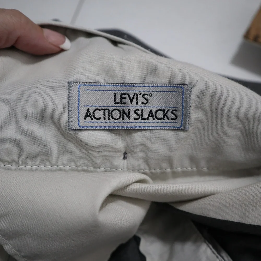 Vintage 80s Levis Action Slacks Trousers Mens 36x28 Gray Flat Front Dress Pants